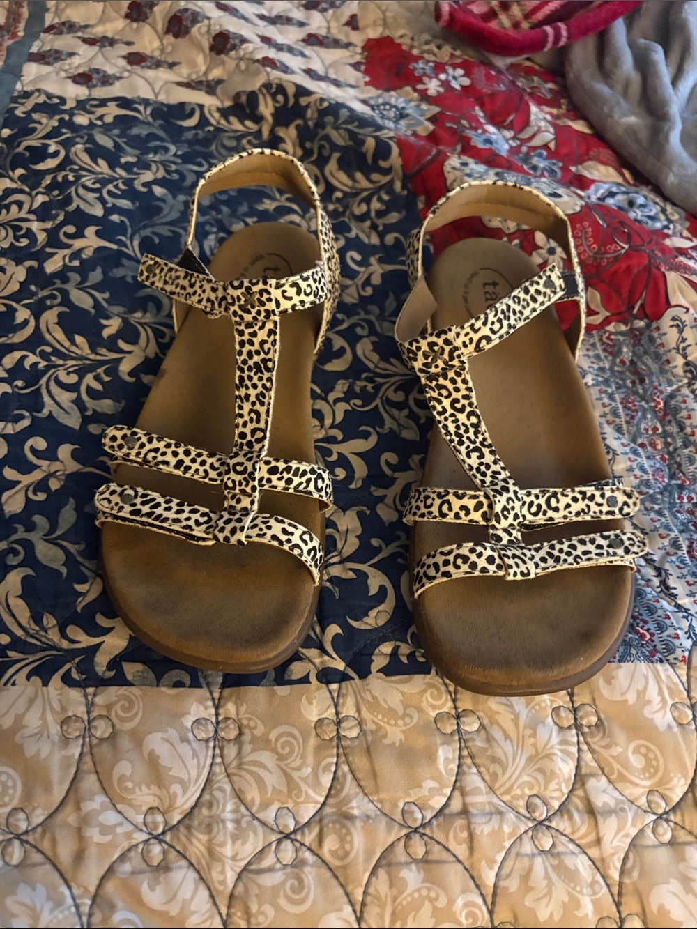 Taos Footwear Leopard Print T-Strap Sandals - White and Black